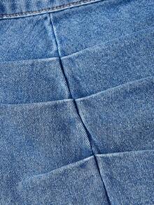 Sweetra Chân váy denim ngắn xẻ tà xếp ly mùa hè dành cho nữ - Màu xanh lam - Xem 3