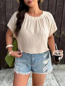 Enliva Plus Size Simple Loose Fit Round Neck Short Sleeve Top, For Apple And Rounded Body Shape - Apricot - View 8
