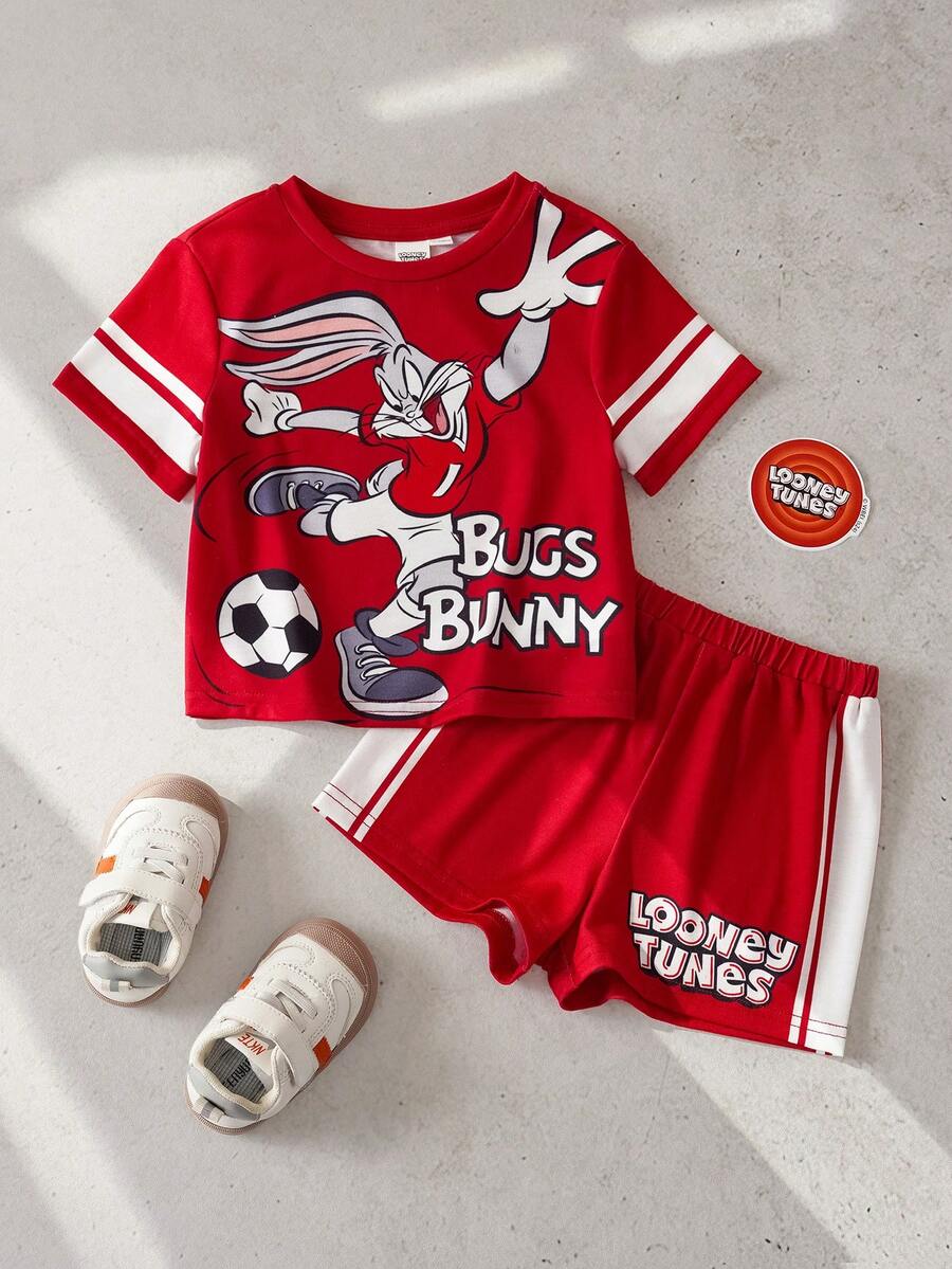 LOONEY TUNES X SHEIN 2件套男婴字母印花短袖T恤和短裤休闲套装 - 紅色 - 查看 1