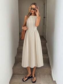 SHEIN LUNE Vestido midi de línea A con cintura recogida, sin mangas, a rayas azules y blancas, ropa casual de vacaciones hecha de tela de algodón transpirable - Multicolor - Ver 5