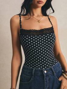 Poéselle Women's Polka Dot Print Lace Patchwork Fitted Camisole - Black - View 7