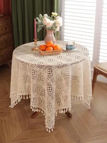 Cirelle 1pc Boho Crochet Round Tablecloth, Vintage Knit Hollow Out Table Cover With Tassels, Rustic Macrame Tablecloth For Dining Room, Kitchen, Cafe Decor - Beige - View 11