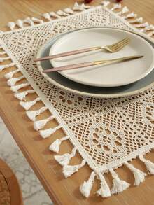 Cirelle 1pc Boho Crochet Round Tablecloth, Vintage Knit Hollow Out Table Cover With Tassels, Rustic Macrame Tablecloth For Dining Room, Kitchen, Cafe Decor - Beige - View 3