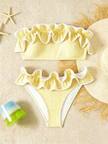 Swim Vcay 2026 New Women's Summer Beach Vacation Basic Blue Striped Fabric Ruched Halter Backless Sexy Pleated Triangle Bikini Swimwear Set - Yellow - View 3
