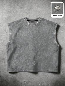 Manfinity EMRG Men's Casual Streetwear Loose Sleeveless Top, Street Style With Handcrafted Rhinestone Embellishment Rave Grey Summer - Grey - View 6