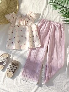 SHEIN Bộ đồ 2 món cho bé gái: áo và quần ống rộng bằng vải chiffon họa tiết hoa nhí xếp nếp. - Nhiều màu - Xem 5