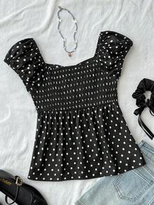 SHEIN 适合少女日常穿着的休闲舒适波点背包衬衫 - 黑色 - 查看 2