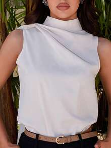 Bris Aura Minimalist Commute White Ruched H-Hem Sleeveless Woven Blouse For Women, Spring/Summer - Apricot - View 3