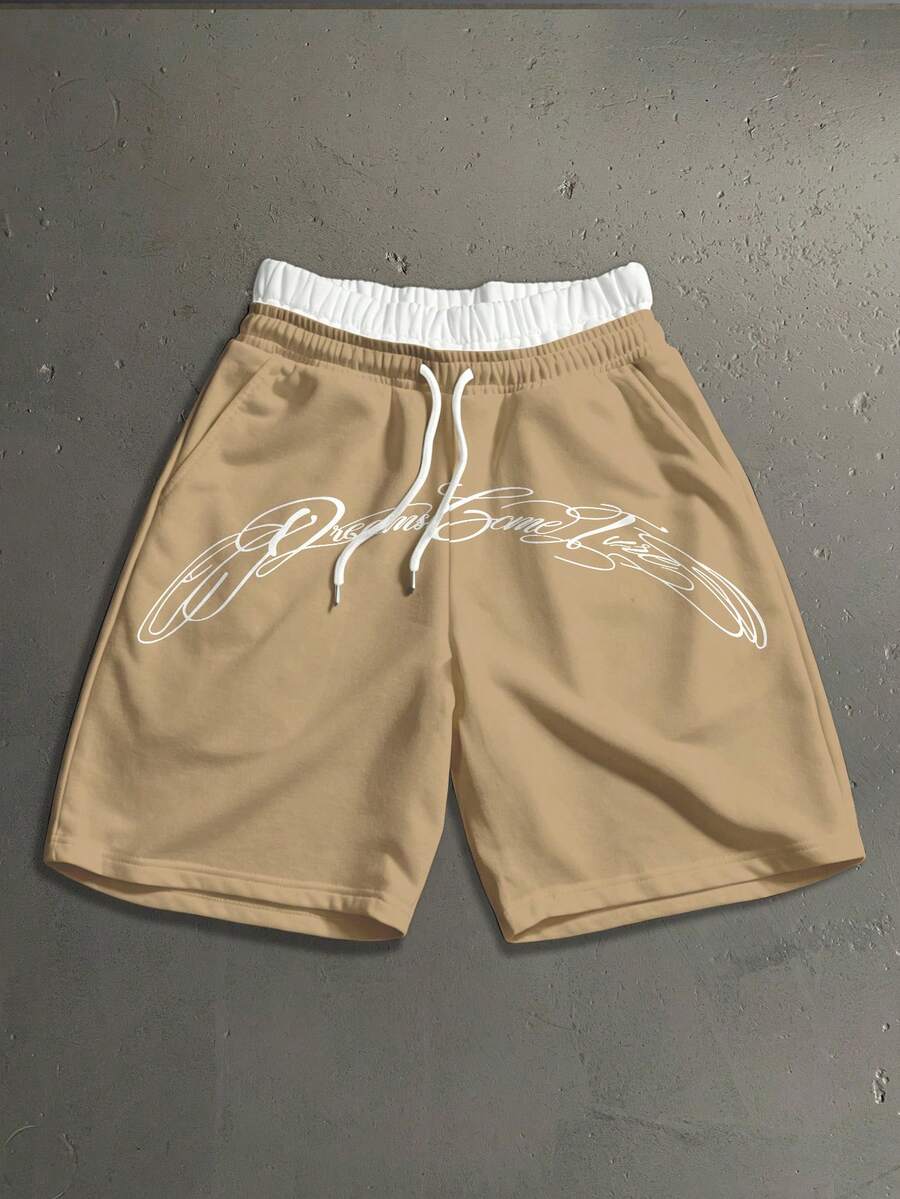 StoneGrade Pantalones cortos casuales con bolsillos y doble capa en la cintura con estampado de letras para hombres - Caqui - Ver 1
