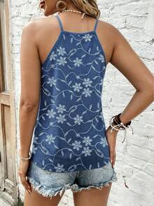 Breezaya Camiseta de tirantes minimalista y vintage para mujer de talla grande, camiseta de tirantes bordada con motivos botánicos, silueta ajustada y estilizadora, conjunto de verano relajado, ropa casual/de trabajo, chaleco de tirantes retro con estampado floral - Azul - Ver 2
