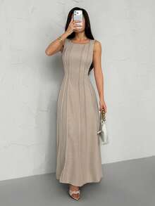 SHEIN PETITE Đầm dài bằng vải lanh mới cho nữ, đầm chữ A xẻ tà xếp ly, đầm dài thanh lịch, đầm hè cho nữ mặc đi nghỉ mát, đầm dài suông giả vải lanh, trang phục công sở thường ngày cho nữ, quần áo mùa thu dự tiệc hè cho nữ - Màu be - Xem 1