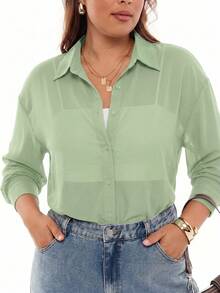 SHEIN EZwear 女士大码透明纯色前开襟长袖衬衫 - 綠色 - 查看 1
