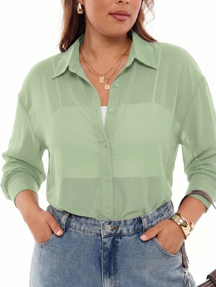 SHEIN EZwear 女士大码透明纯色前开襟长袖衬衫 - 綠色 - 查看 1