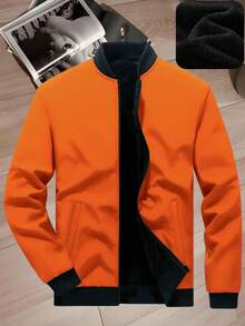 Manfinity Homme Jaket Pria Kasual Sehari-hari dengan Lapisan Termal dan Resleting - Jeruk - View 4