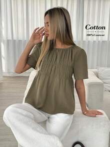 Easowa Women's Solid Color Minimalist Short Sleeve Blouses, Casual Clothes,Summer Top - Army Green - View 2
