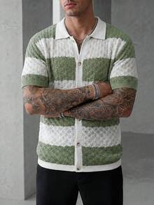 Manfinity Homme 男士撞色翻领镂空短袖针织 Polo 开衫，休闲夏季假日针织衫 - 綠色 - 查看 4