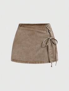 SHEIN MOD Plus Size Casual Washed Criss-Cross Strap Denim Shorts - Coffee Brown - View 1