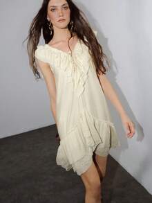 MOTF PREMIUM LINEN V-NECK LOOSE RUFFLED HEM SHORT DRESS, SUITABLE FOR SPRING/SUMMER VACATION - Apricot - View 6