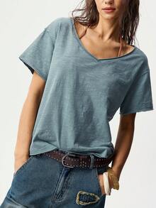 Bohemela Casual Solid Color V-Neck Short Sleeve Loose T-Shirt For Women,Summer Top - Green - View 6