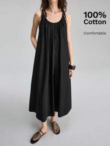 Ontre Đầm midi không tay, màu trơn, xếp ly, có túi, dành cho nữ, kiểu dáng thường ngày. - màu đen - Xem 4