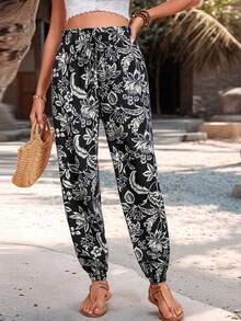 Breezaya Women's Tropical Plant Print Pocket Drawstring Waist Tapered Leg Pants, Spring/Summer - Black - View 7