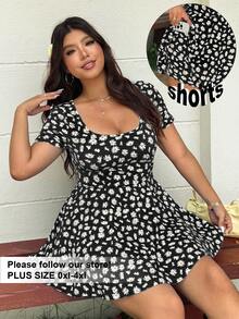 SHEIN EZwear Plus Size Ditsy Floral Jumpsuit With Pockets, Short Sleeve, Black, Summer - Black - View 1
