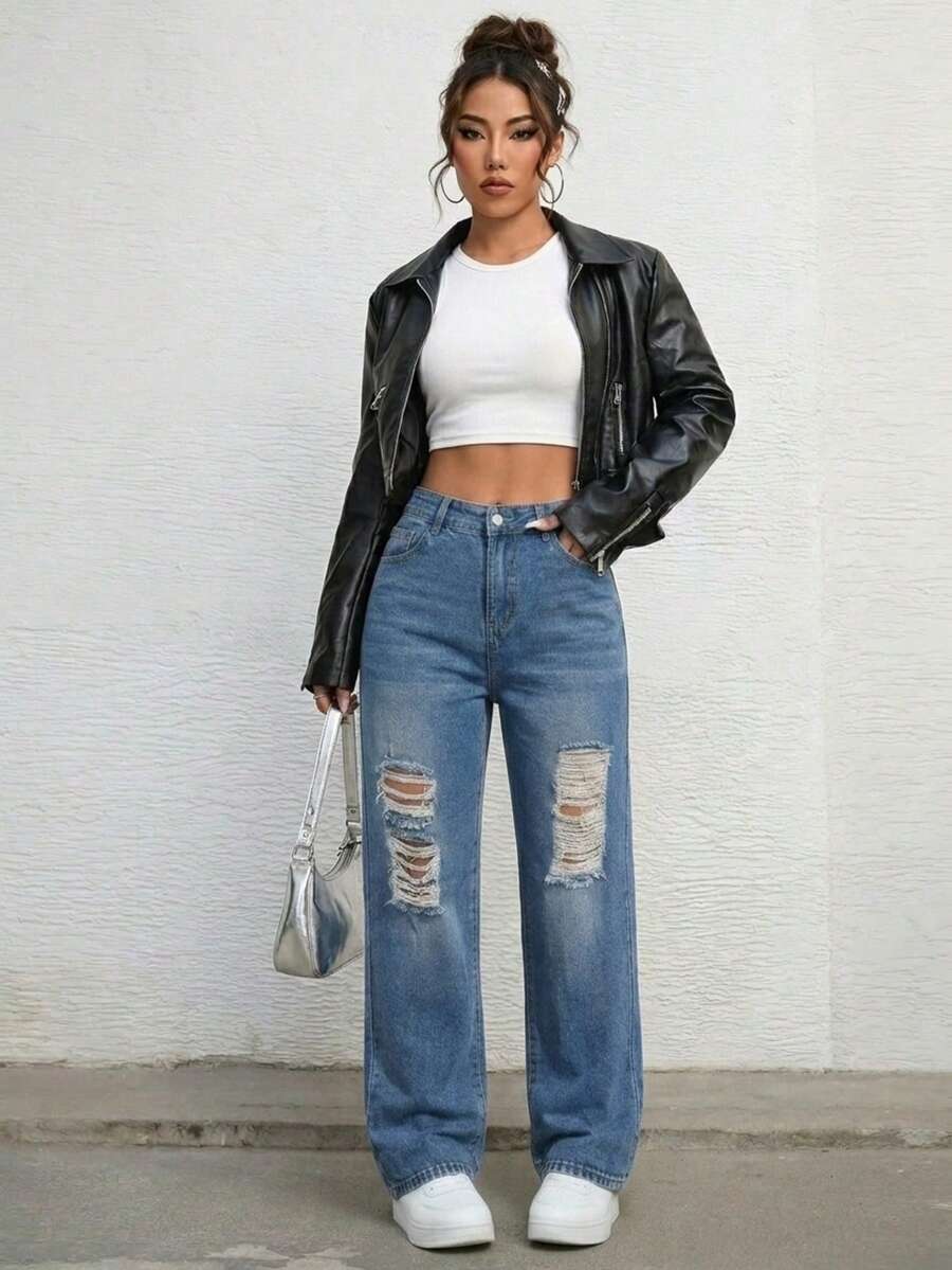 Jean mezclilla corte mom tiro alto recto cierre inferior - Denim Clásico Intenso - Ver 1