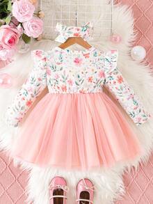 SHEIN Baby Girl Solid Color Patchwork Front Tie Long Sleeve Simple Dress - Pink - View 2