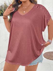 SHEIN CURVE+ Plus Contrast Lace Dolman Sleeve Tee Boho Vacation - Redwood - View 4