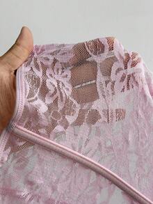 SHEIN EZwear Women's Lace See-Through Camisole With Steel Rings, Fishbone Shaping, Slim Fit, Short Length, Suitable For Summer Vacation Night Out Pink Floral - Pink - View 11