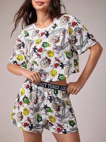 LOONEY TUNES X SHEIN Women's Round Neck Short Sleeve Top And Shorts Pajama Set, - White - View 1