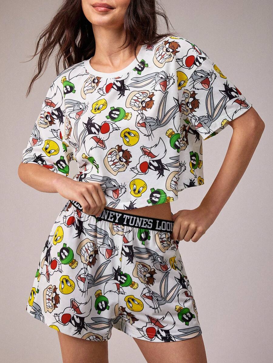 LOONEY TUNES X SHEIN Women's Round Neck Short Sleeve Top And Shorts Pajama Set, - White - View 1