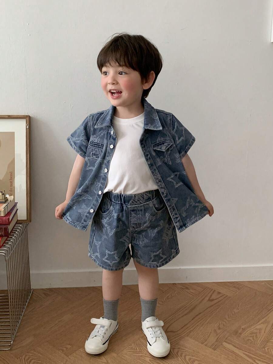 DAZY Set 2 Potong Kemeja Denim Kasual Musim Panas untuk Balita Laki-laki dengan Kerah & Celana Pendek - Biru - View 1
