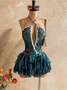 Soleia Vestido mini elegante bohemio tropical con lentejuelas brillantes para mujer, talla grande, para fiesta, vacaciones en la playa, Día de San Patricio, Spring Break, Pascua, festivales de música, color rosa - Verde - Ver 6