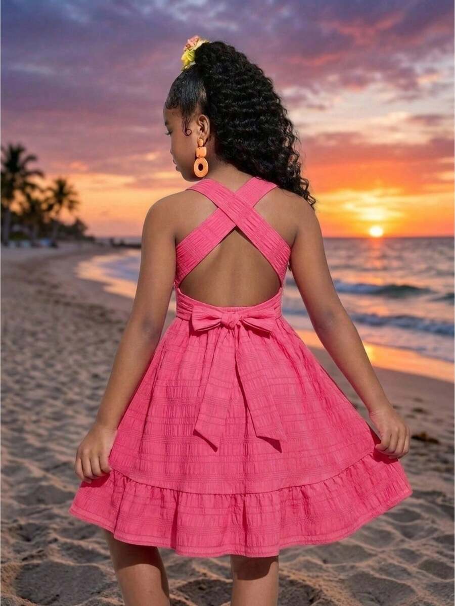 SHEIN Tween Girls' Fashionable Casual Vacation Style Halter Dress - Hot Pink - View 1