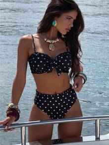 Swim Lushoire Ensemble de bikini à la mode et sexy pour femmes avec imprimé à pois, style influenceur vacances, printemps/été - Noir - Voir 5