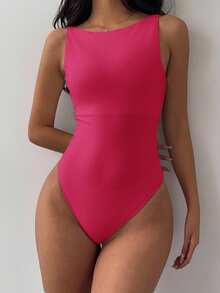 SHEIN BASICS Bodysuit Rajut Polos Kasual Tanpa Punggung untuk Wanita, Warna Pink Cerah untuk Musim Panas - Hot Pink - View 3