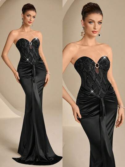 Coutiva Women's Sequin Patchwork Ruched Mermaid Formal Evening Gown