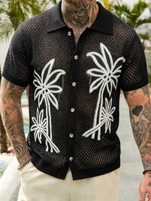 VENTUSAIL Men's Palm Tree Pattern Short Sleeve Single-Breasted Knit Top - Black - View 8