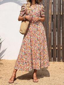 LUNE Vestido de verano de mujer con mangas de pétalos fruncidos, cintura ceñida y estampado floral vintage - Multicolor 2 - Ver 5