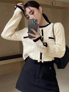 Wynsel Women's Elegant Contrast Trim Button Knit Sweater, Autumn - Beige - View 5