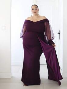 Pretty and Ole Plus Size Mesh Patchwork Off-Shoulder Party Dress - Purple - View 1