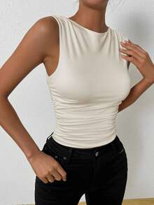 Femesol Women's Summer Solid Color Crew Neck Pleated Fitted Camisole - Beige - View 8
