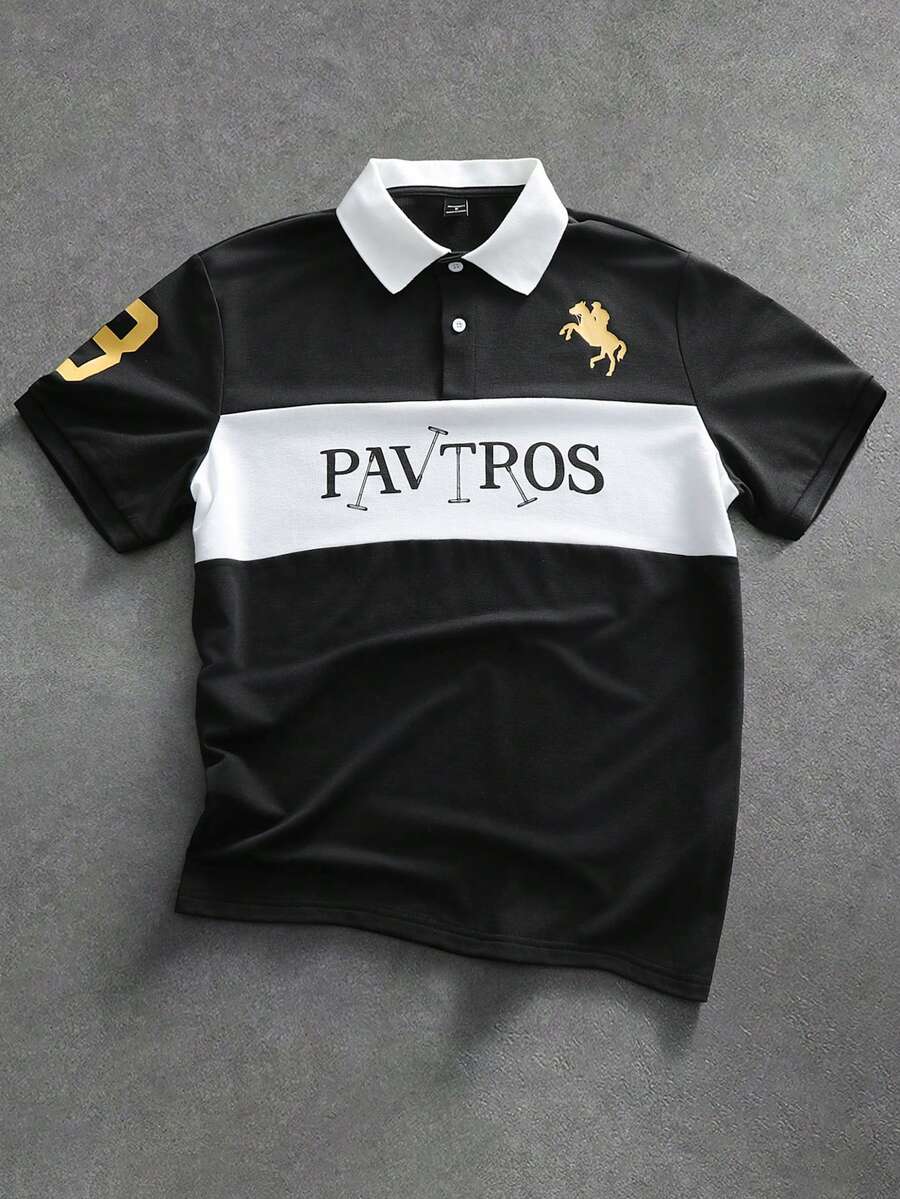 PAVTROS 男士撞色短袖Polo衫,Polo衫及字母印花图案,适合户外活动、朋友聚会,可作为送给男友/丈夫的礼物或周年纪念礼物。 - 彩色 - 查看 1