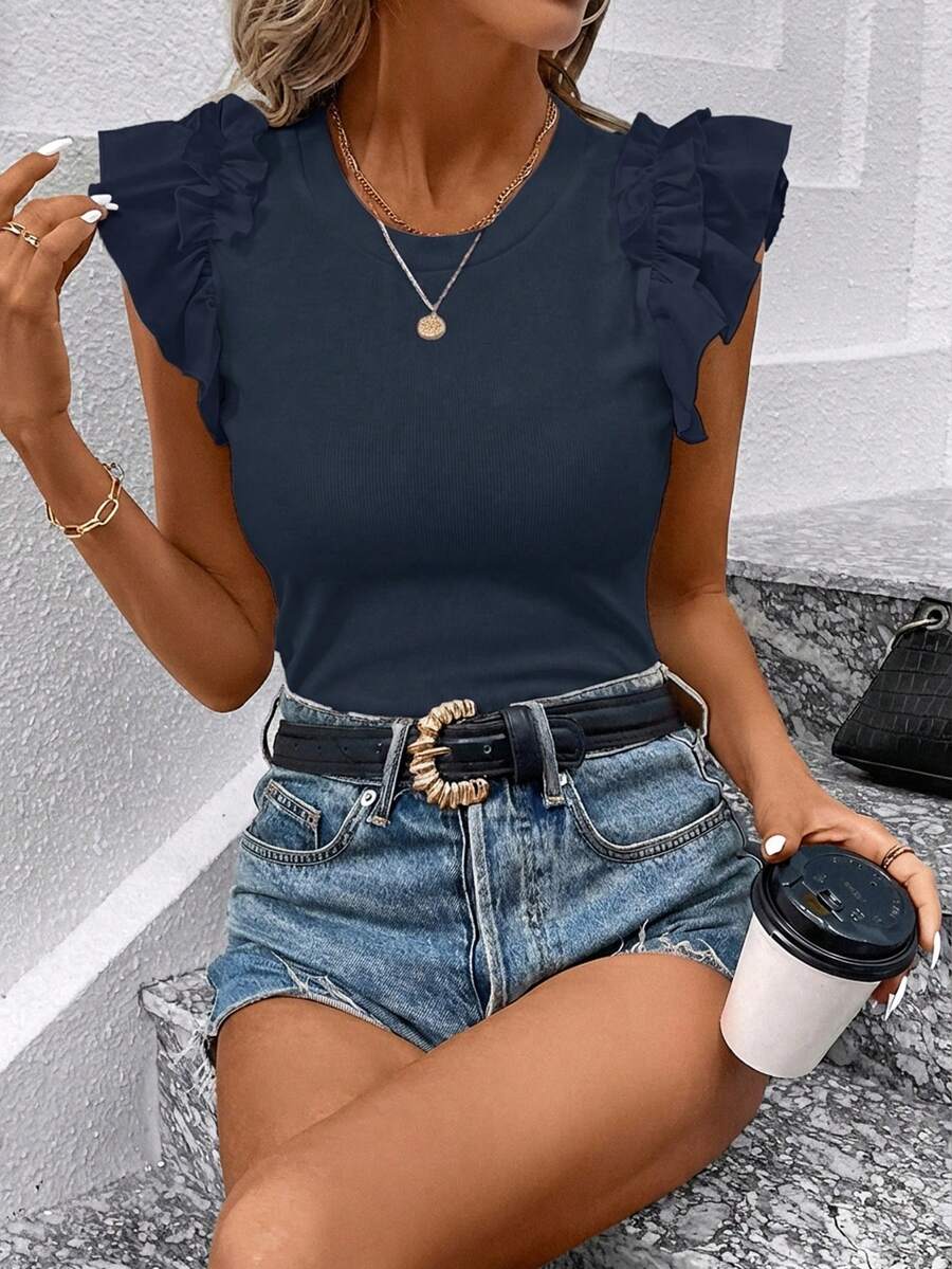 SHEIN Clasi Women's Casual Solid Color Flutter Sleeve T-Shirt, Summer,Summer Top - Navy Blue - View 1