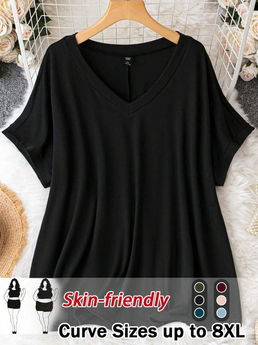SHEIN CURVE+ 大码 V 领宽松针织 T 恤连衣裙 - 黑色 - 查看 1