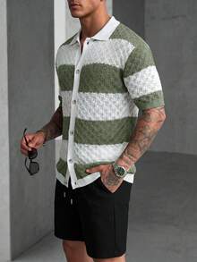 Manfinity Homme 男士撞色翻领镂空短袖针织 Polo 开衫，休闲夏季假日针织衫 - 綠色 - 查看 3