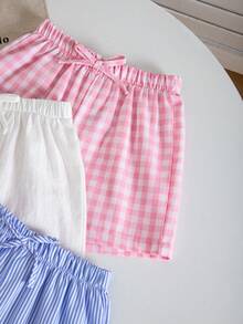 SHEIN 3件套少女梭织纯色条纹格子休闲短裤套装，三件套少女夏季短裤，少女服装，少女短裤，格子短裤，条纹短裤，柔软透气，少女弹力腰带短裤，夏季舒适日常穿着 - 彩色 - 查看 3
