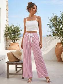 Palazzo Striped Pants With Elastic Waist - Pink - View 4