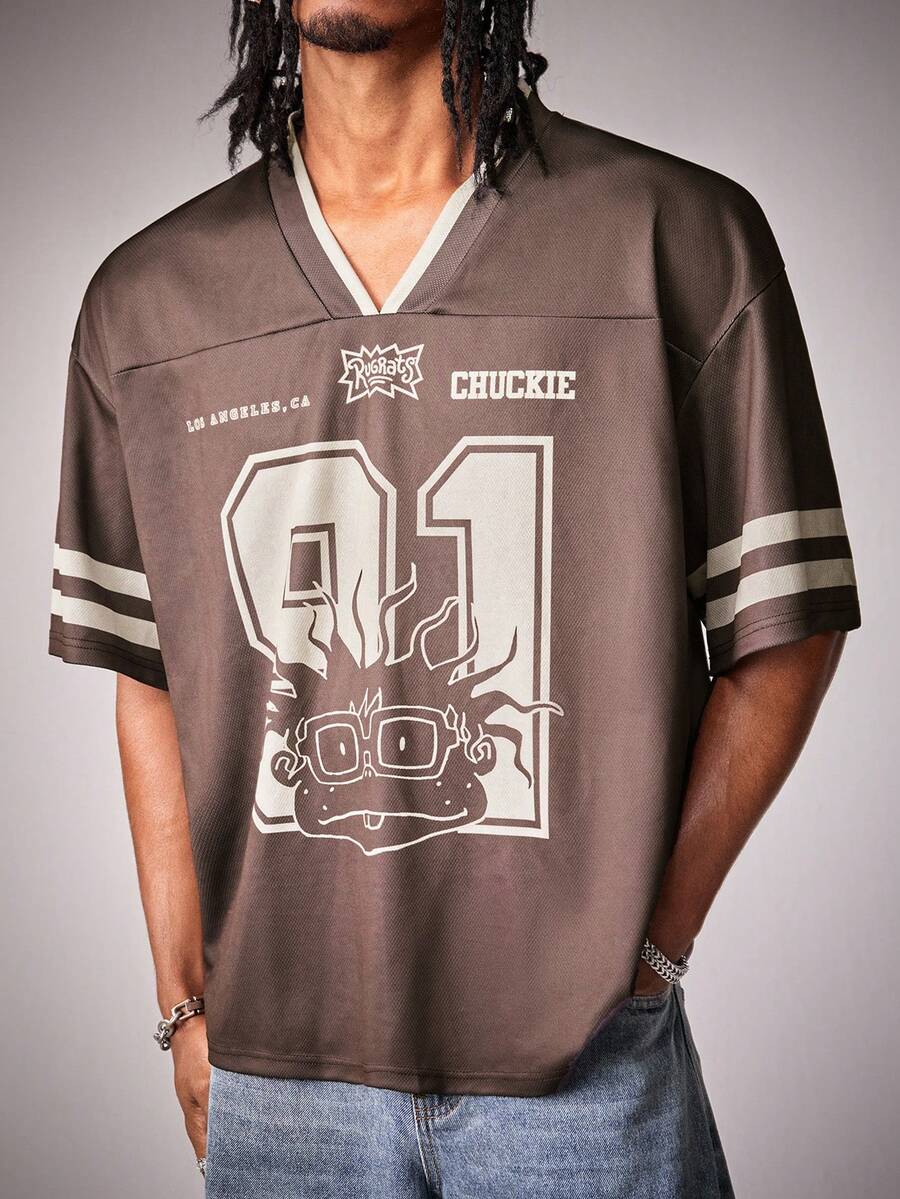 Nick 90s | SHEIN Men's V-Neck Striped & Letter Print Casual Short Sleeve T-Shirt - Brown - View 1